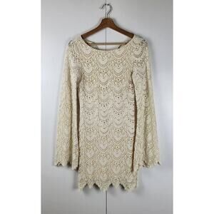 Nightcap Spanish Priscilla Lace Bell Sleeve Bodycon Mini Dress in Nude | 1 XS